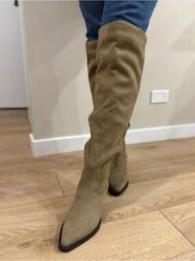 Savage Style Taupe Over-the-Knee Western Vibe Vegan Suede Boots Pointy Toe Sassy